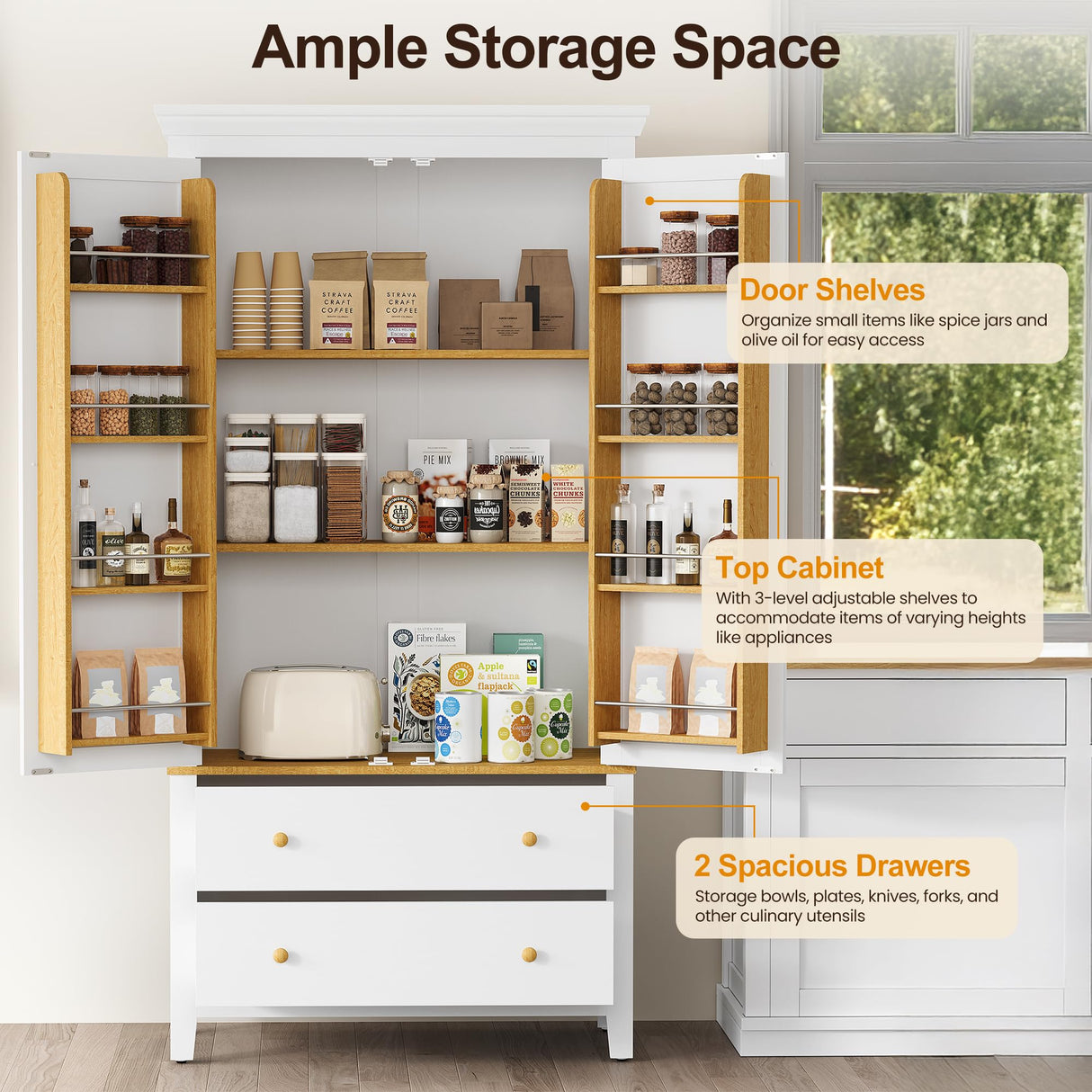 RoyalCraft 70'' Tall Kitchen Pantry Cabinet, Large Storage Cabinet with 8 Door Shelves, White Kitchen Cabinet with 2 Drawers & Adjustable Shelves for Dining Room, Living Room, Laundry RoyalCraft