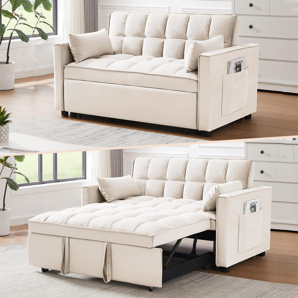 Wakefit 3 in 1 Convertible Sleeper Sofa Bed, Futon Couches for Living Room with Side Pocket | Adjustable Backrest| Velvet Fabric | Pull Out Couch | Recliner Loveseat | Sectional Sofa, Creamywhite Wakefit