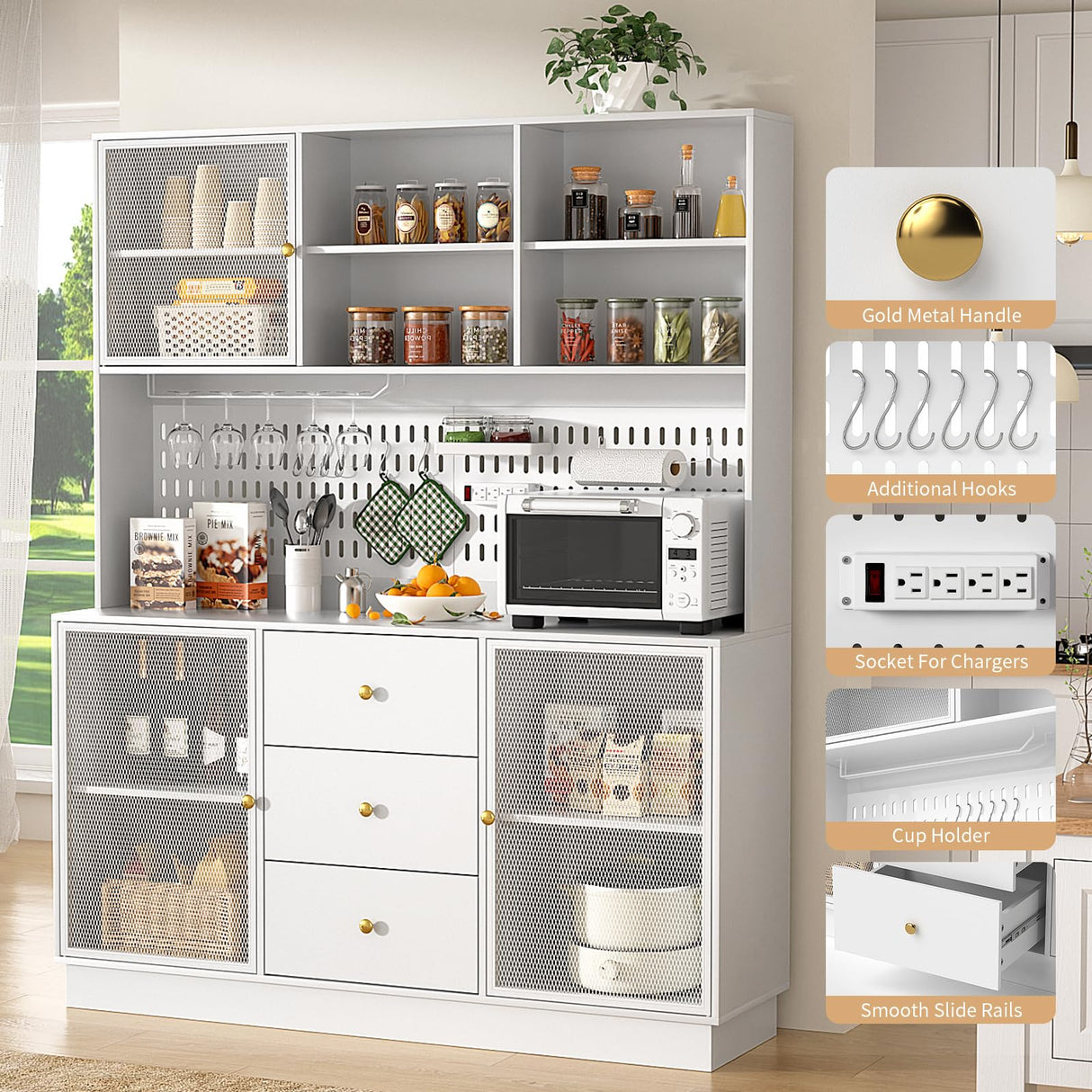 VOWNER Large Kitchen Hutch Cabinet with 3 Metal Doors & Pegboard, Pantry Storage Cabinet with Cup Holder & Power Outlet, Freestanding Cupboard for Kitchen, Dining Room (White) VOWNER