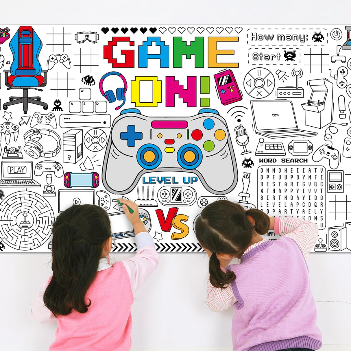 Video Game Giant Coloring Poster Large Gamer Versatile Activity Drawing Paper Coloring Tablecloth DIY Gaming Theme Game Poster Table Cover Children Art Craft Coloring Mat Home Classroom Party Suppiles Naozinebi