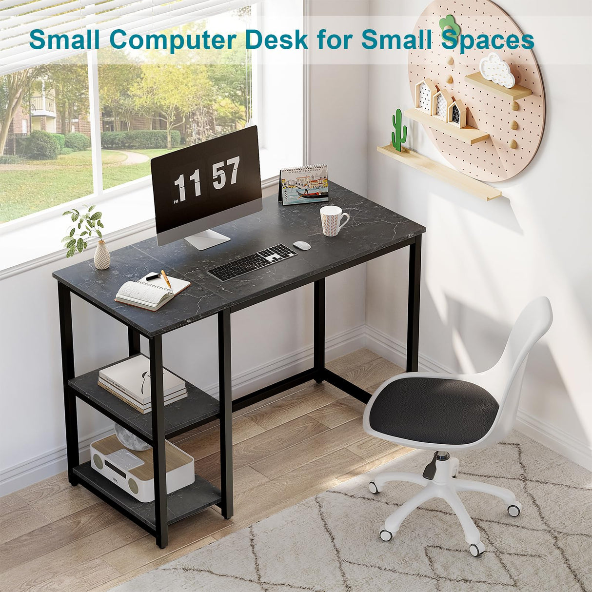 SINPAID Computer Desk 40 inches with 2-Tier Shelves Sturdy Home Office Desk with Large Storage Space Modern Gaming Desk Study Writing Laptop Table, Black Marbling (Black Marbling, 40) SINPAID