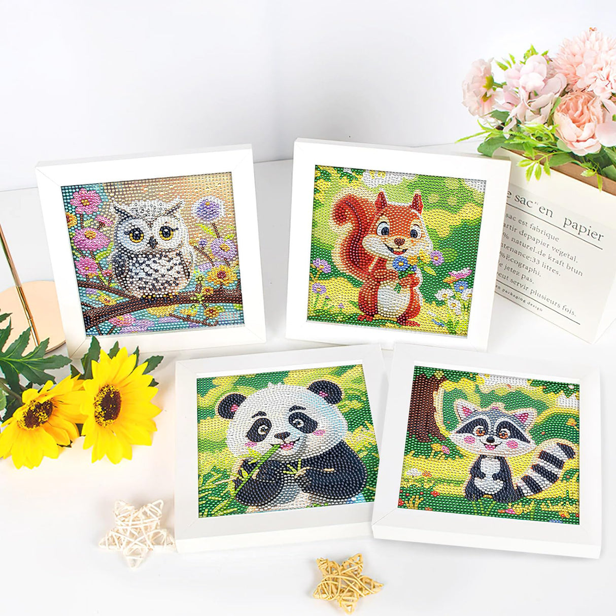 UPINS 4 Pack Cartoon Diamond Art Kits, 6 x 6 Inch Cute Animals DIY Diamond Arts Painting Kits for Adults Beginner Full Round Drill Gem Art for Home Wall Decor Present UPINS