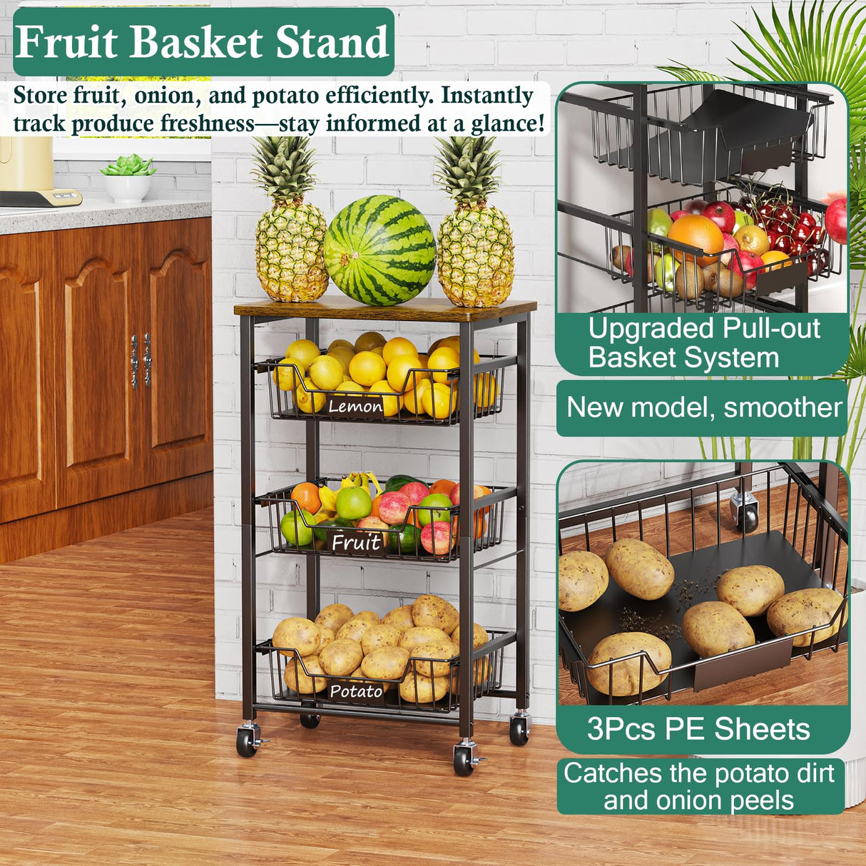 OKZEST 4-Tier Small Kitchen Storage Cart on Wheels, Metal Fruit Basket Stand with Pull-Out Baskets & Wood Top for Potato Onion Produce Snack Veggies OKZEST