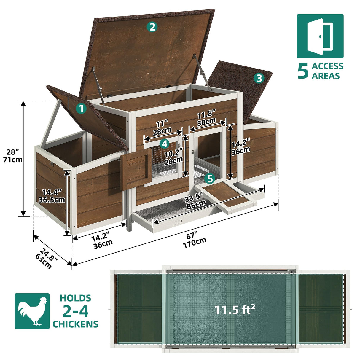 YITAHOME Chicken Coop Large Wooden Chicken House Chicken Pen Outdoor with 2 Nesting Boxes Poultry Cage Rabbit Hutch Duck Cage with Weatherproof Roof (Brown) YITAHOME