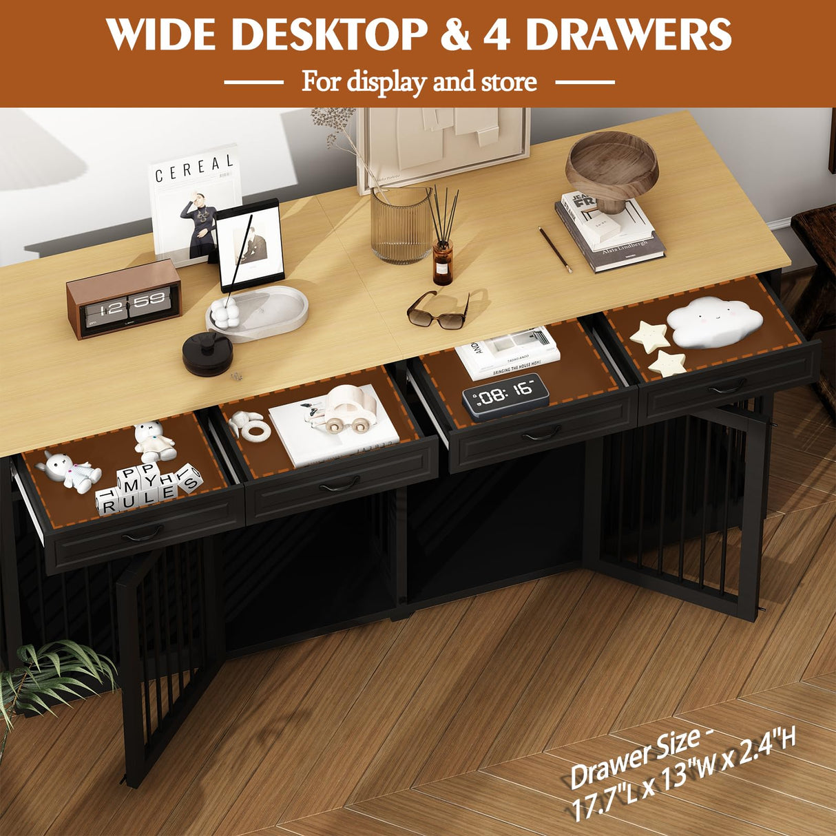 PIAOMTIEE 86.6" Large Double Dog Crate Furniture, XXL Wooden Dog Crate Kennel Furniture with Divider and 4 Drawers, Dog Crates Furniture for 2 Large Dogs Indoor, Black PIAOMTIEE