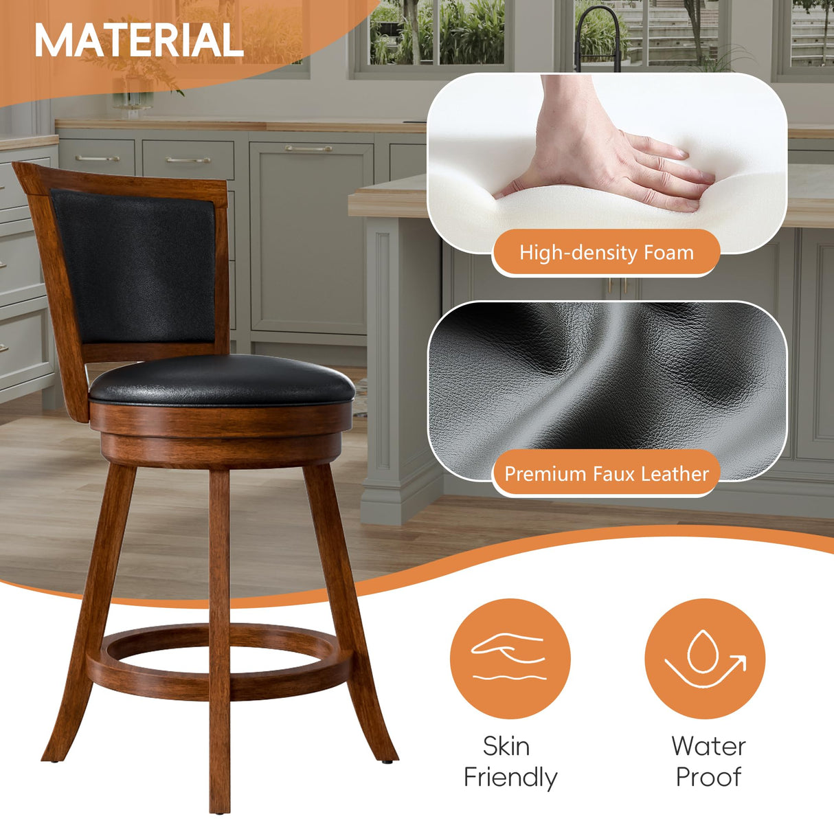 Swivel Bar Stools Set of 2, 24" Counter Height Swivel Barstools with Back & Faux Leather Upholstered Seat, Island Chairs with Solid Wood Legs & Footrest for Kitchen, Dining Room, Pub (Brown) Buytime