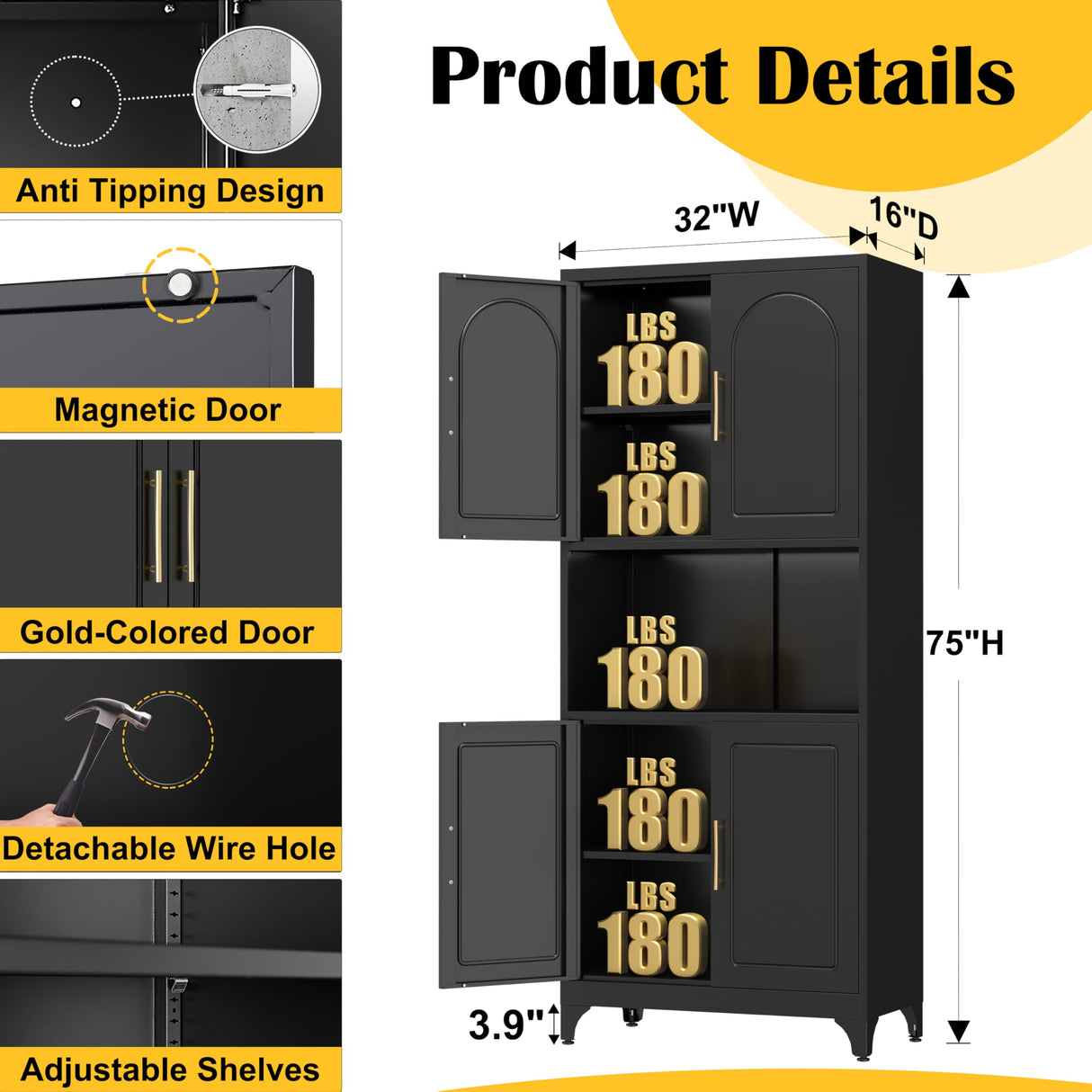 SteeLoong Kitchen Pantry Storage Cabinet with Microwave Stand,Black 75" Tall Metal Cupboard with 4 Doors and Adjustable Shelves for Bathroom, Dining Room SteeLoong