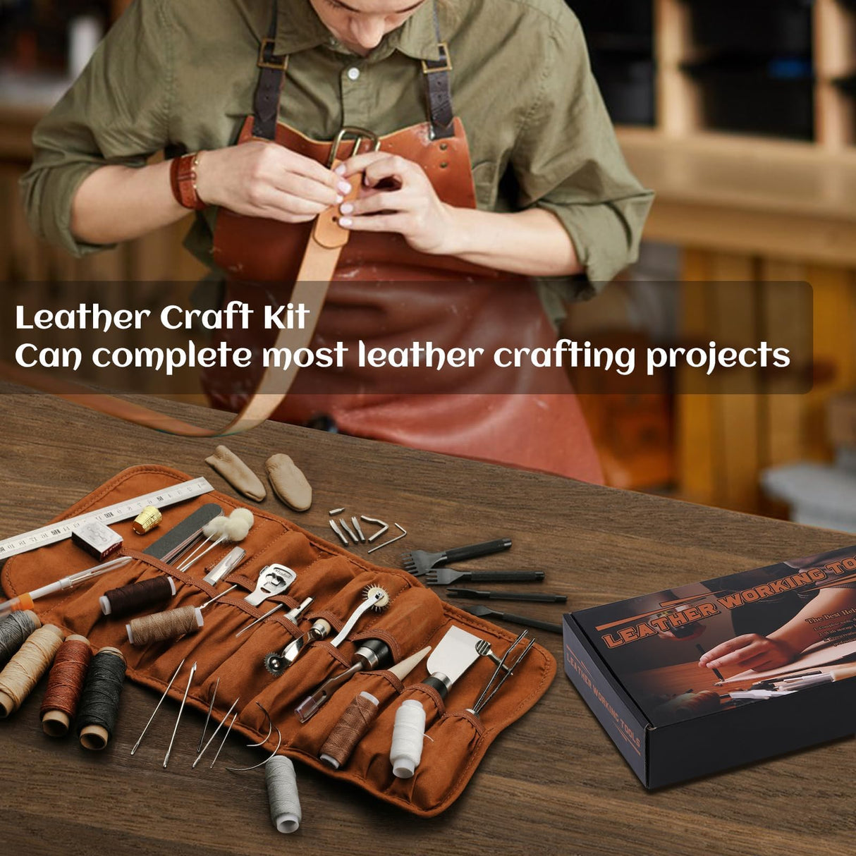 FOPUGT Leather Tooling Kit - Comprehensive Leather Working Kit for Beginners and Professional, with Engraving Punching Stamping Tools FOPUGT