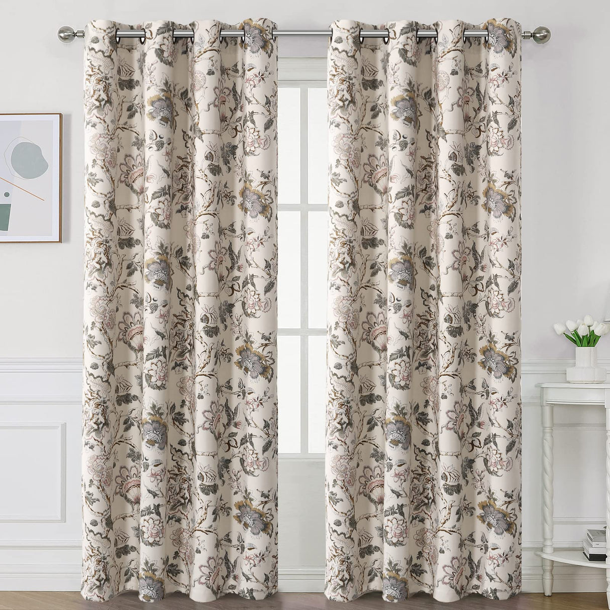H.VERSAILTEX Blackout Curtains 108 Inch Length 2 Panels Set Floral Print Curtain Drapes for Living Room Thermal Insulated Grommet Window Curtains for Bedroom - Traditional Floral in Sage and Brown H.VERSAILTEX