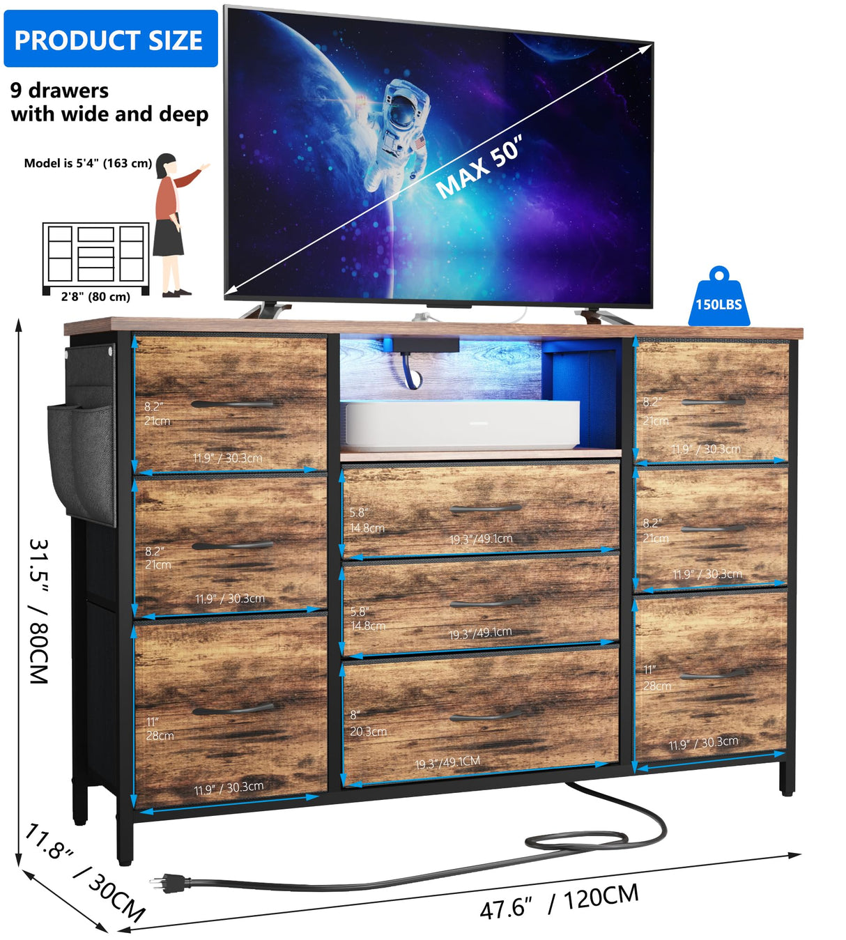 Yenlure Rustic Brown Dresser for Bedroom Dresser with Charging Station and LED Lights, Western Dresser TV Stand with Drawers, Chest of Drawers for Bedroom, Dorm, Closet, Living Room Yenlure