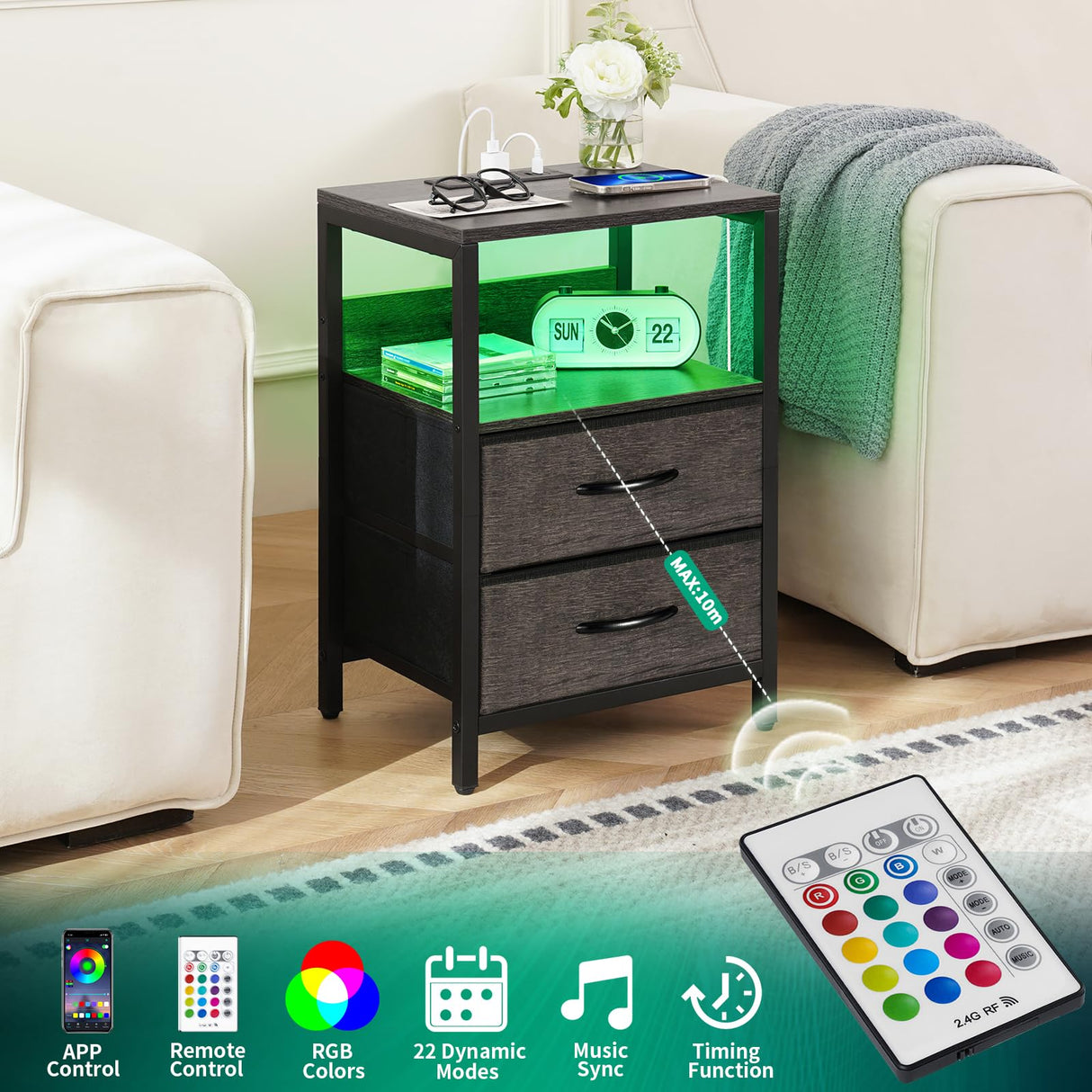 Yoobure Nightstand with Charging Station, LED Night Stand with Fabric Drawers and Storage Shelf for Bedroom, Nightstands Bedside Tables with USB Ports & Outlets, Small Night Stands, Bed Side Table Yoobure