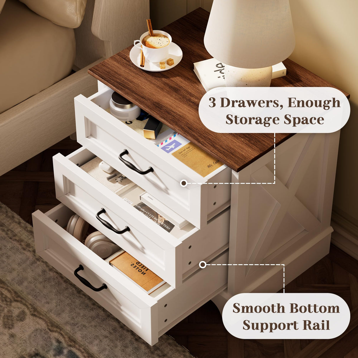 GRUSIGN Nightstand with Drawers - 22.44" Wide End Table with 3 Large Drawers & Bar Handles, Small Rustic Wood Chest of Drawers for Bedroom, Living Room, Closet, White GRUSIGN