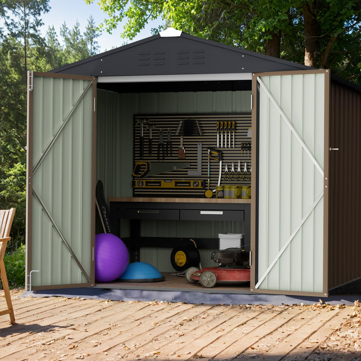 GUNJI 8 x 6 FT Shed Outdoor Storage Shed Metal Garden Shed with Lockable Door Outside Waterproof Tool Shed for Backyard, Patio, Lawn (Brown) GUNJI