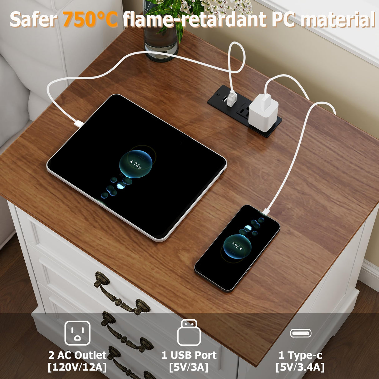 HOPUBUY 22" Farmhouse Nightstand Set of 2 with Charging Station, Wood Night Stand with Antique Handles, 3 Drawer Night Stand Tall Nightstand for Bedroom, Off White and Brown Top HOPUBUY