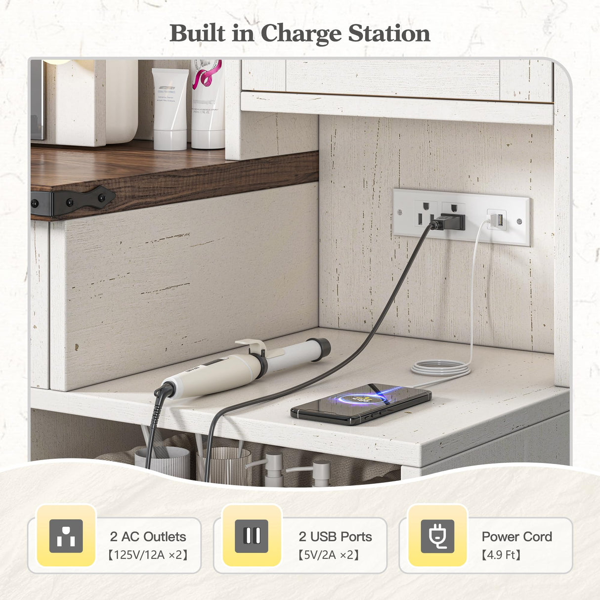 EnHomee 47.2" W Farmhouse Vanity Desk with Mirror and Lights, Makeup Vanity with Charging Station & 4 Drawers,Makeup Vanity Table for Bedroom,White,Stool not Included EnHomee