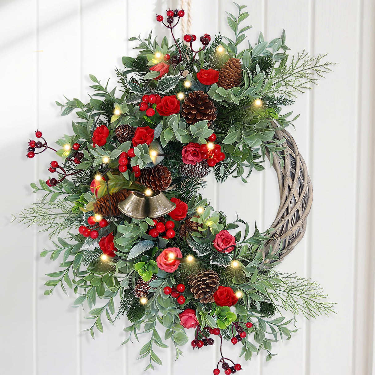 Christmas Wreath for Front Door, Artificial Door Wreaths with LED Lights Bells Berries & Pinecones Christmas Decorations, Xmas Wreaths for Wall Window Fireplace Holiday Home Decor Anhity