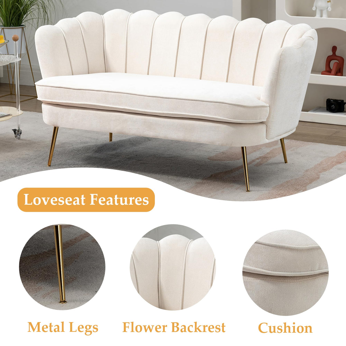 DWOYFO 59” Small Modern Chenille Loveseat Sofa, 2-Seater Sofa with Gold Metal Legs, Small Couch with Flower Shaped Back for Living Room Bedroom Office (Beige & Chenille) DWOYFO