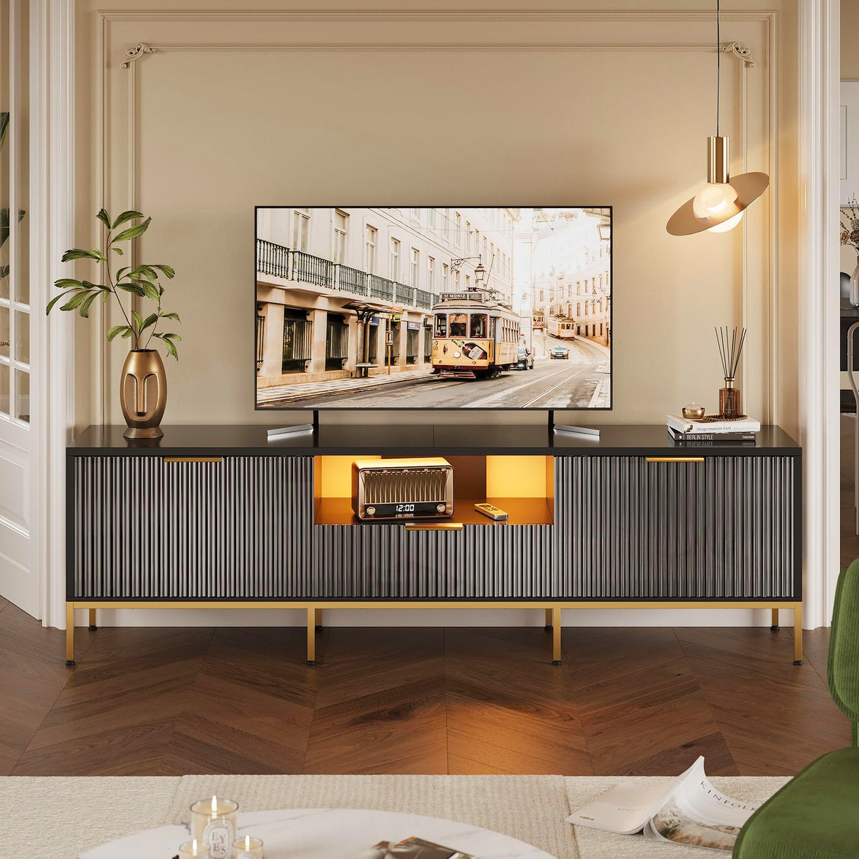 Bestier 70” Fluted TV Stand with LED Lights, Black TV Stand for TVs Up to 80", Modern Entertainment Center with Storage, TV Console, Media Console for Living Room Bedroom Bestier