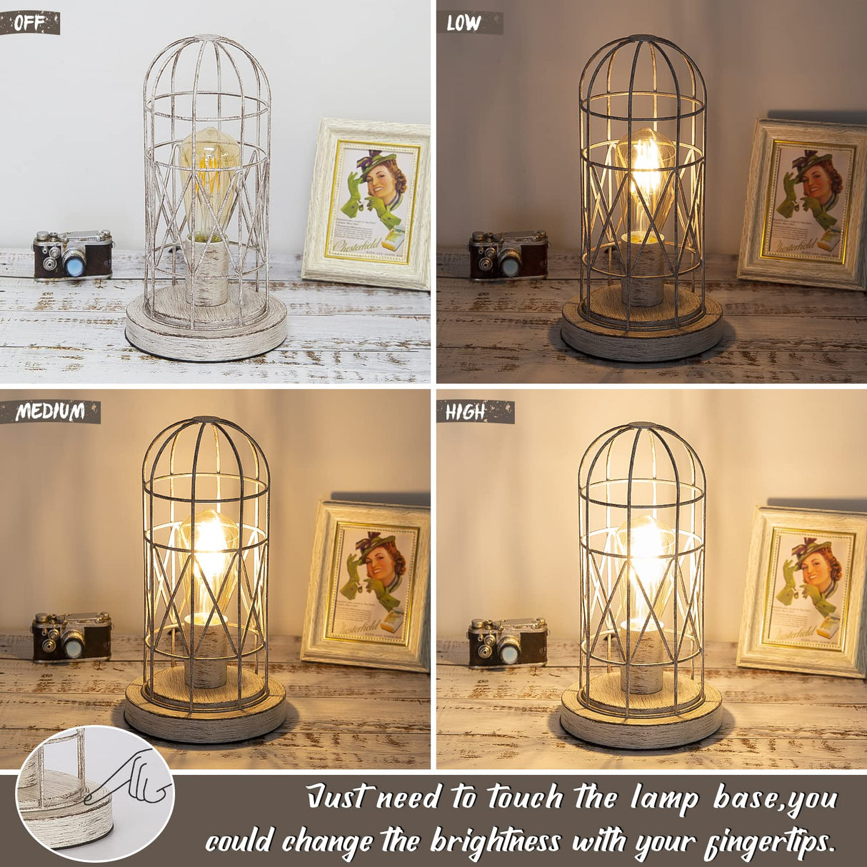 Small Table Lamp, Touch Control Table Lamp with Brushed White Oak Cage, Farmhouse Bedside Lamp 3-Way Dimmable Nightstand Lamp Edison Lamp for Bedroom, Living Room, Hallway, Kitchen, LED Bulb Included Seaside village