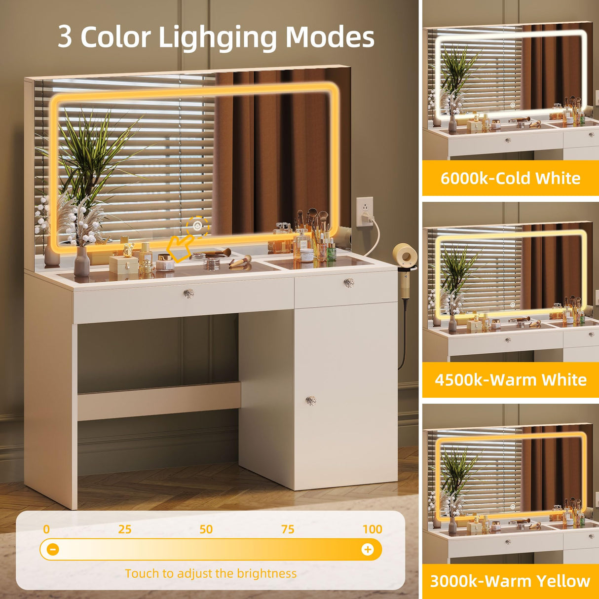 DWVO 47" W Vanity Desk with LED Light and Power Outlets, Large Makeup Vanity with Dividers and Hair Dryer Rack, 3 Level Storage Dresser Makeup Vanities Dressing Table for Bedroom, White DWVO