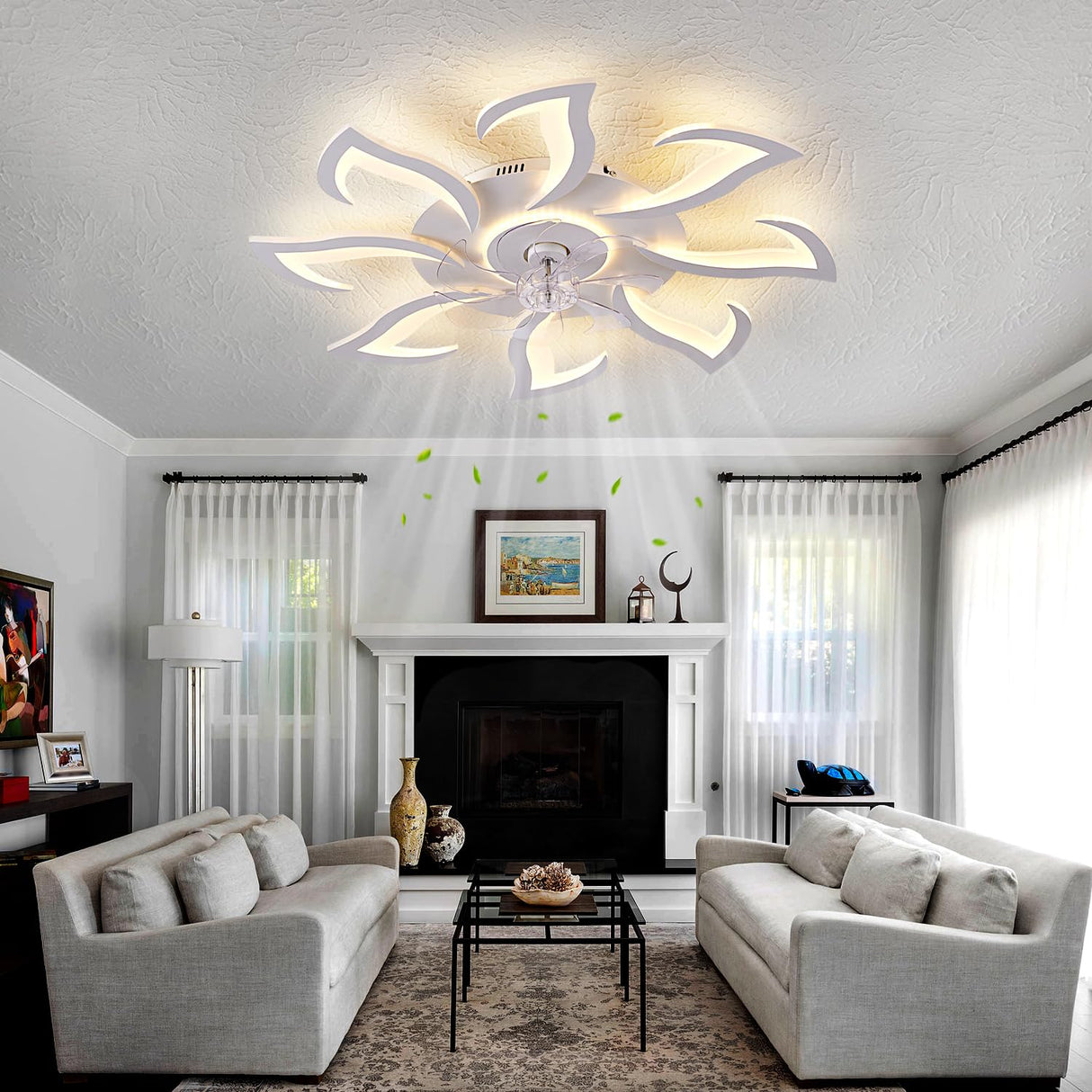 Malnutcolor Modern Low Profile 36 Inch White Flush Mount Ceiling Fan with 3 Light Color 6 Speeds, Fandelier for Living Room Yfrest