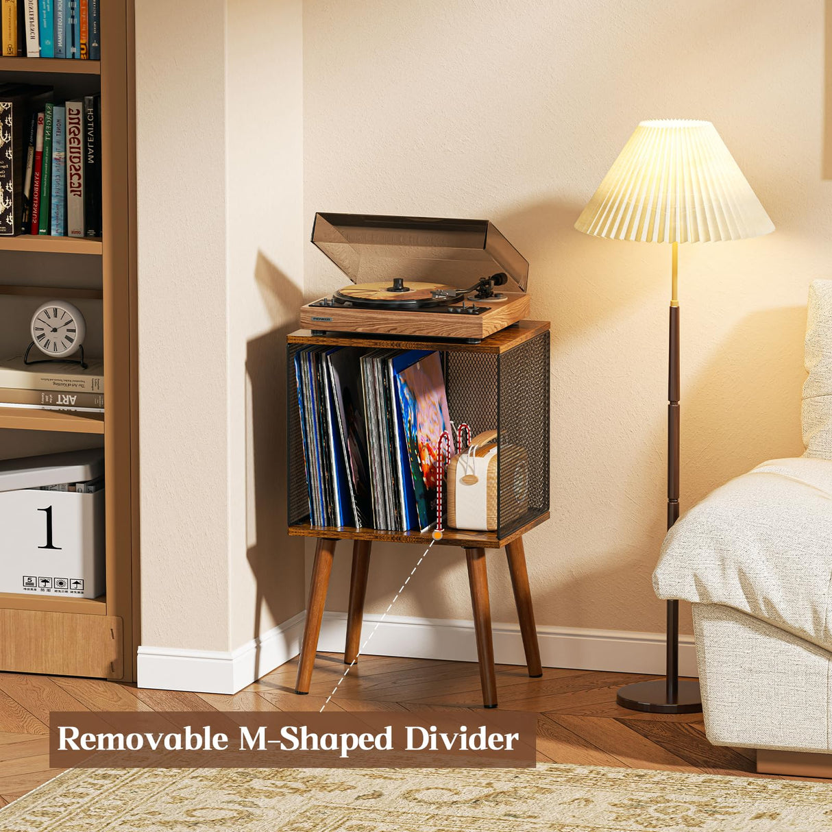 Yuzehuaza Record Player Stand with Storage up to 100 Albums,Small Vinyl Record Holder with Adjustable Divider, Retro Record Player Table with Wood Legs,Book/LP Record Shelf for Living Room Bedroom Yuzehuaza