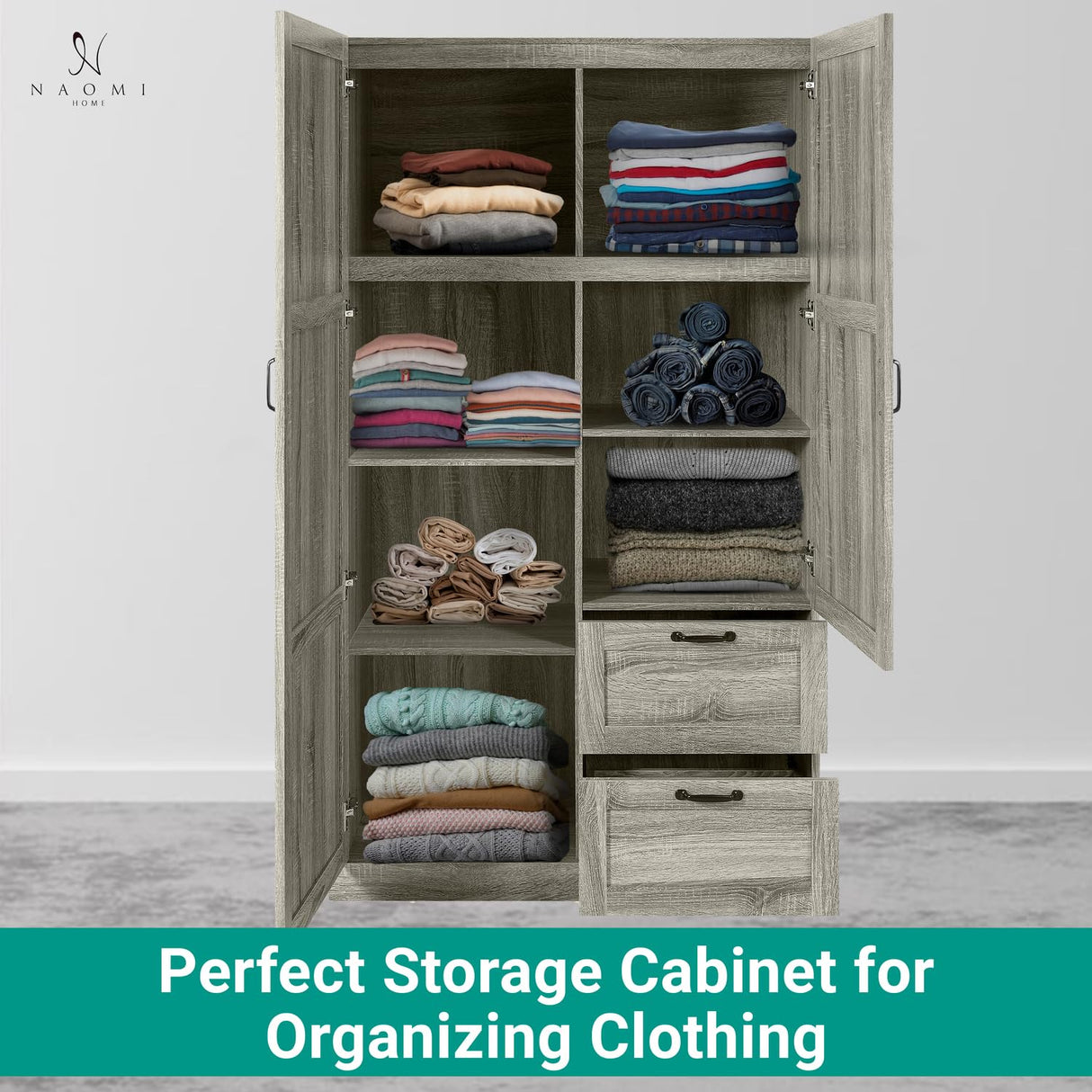 Naomi Home Grey Oak Storage Cabinet with 2 Barn Doors, 2 Drawers & Adjustable Shelves – Modern Wardrobe Closet Armoire for Bedroom, Entryway & Utility Room Naomi Home