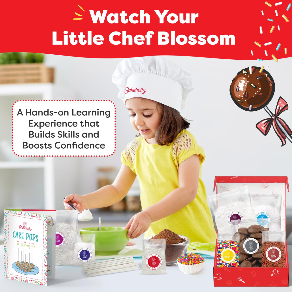 Baketivity DIY Cake Pop Baking Kit for Kids - Premeasured Ingredients, Decorating Supplies Baketivity