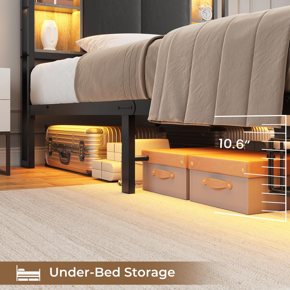 AOGLLATI Modern Twin Bed Frame with LED Lights, Storage Headboard and Drawers in Black Oak AOGLLATI