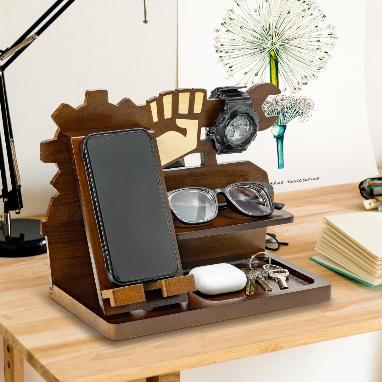 B1ykin Father's Day Wooden Nightstand Organizer - Wood Phone Docking Station Wallet Watch Stand Key Holder, Bedside Charging Station Organizer Men Gift Anniversary Birthday for Husband Dad Grandpa B1ykin