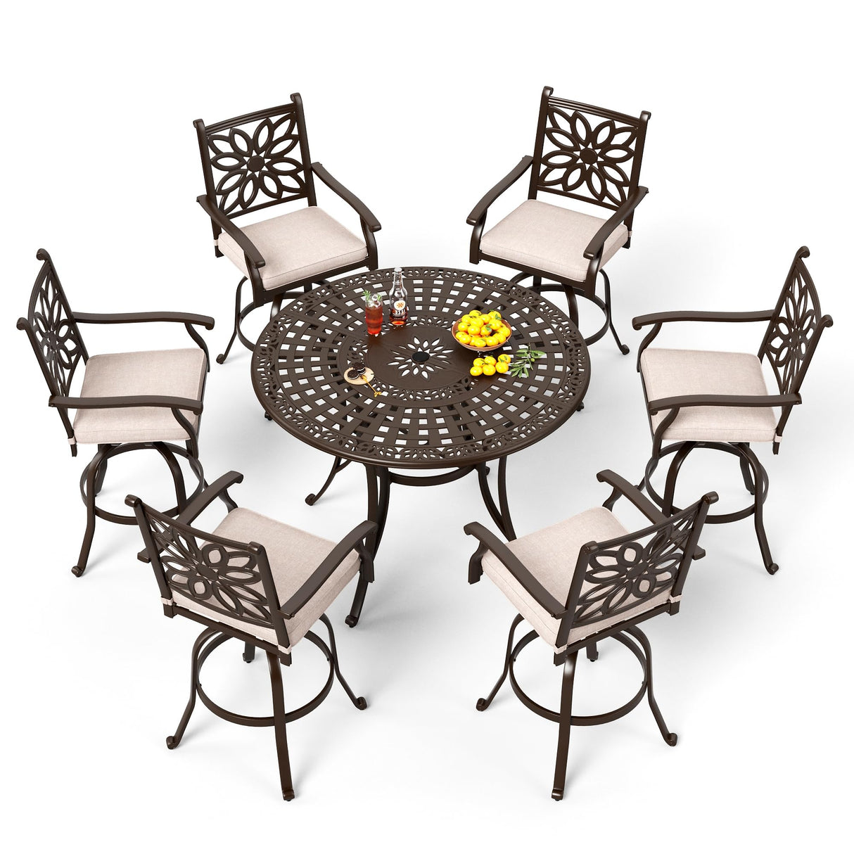 PHI VILLA 7 PCS High Bar Patio Dining Set, Cast Aluminum Outdoor Bar Set for 6 with 54" Round Bar Table and 6 Outdoor Swivel Bar Stool Chairs with Seat Cushion PHI VILLA