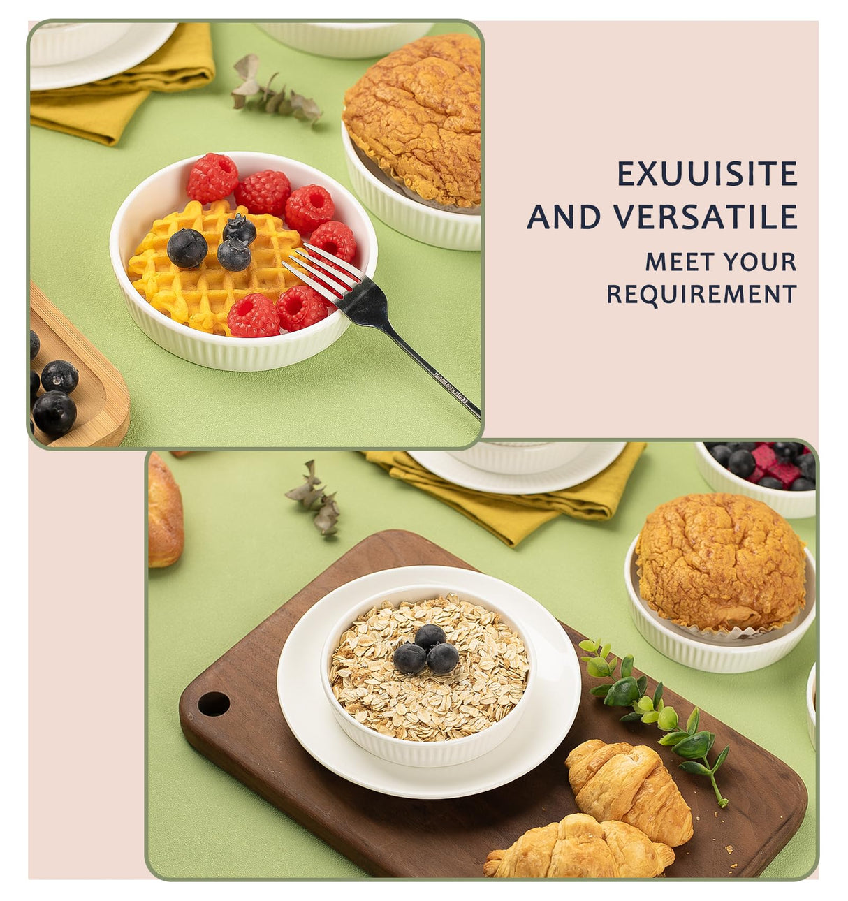 Ramekins 8 oz - Oven Safe Shallow Ramekins for Creme Brulee Dishes- Ceramic Souffle Dishes Quiche Dish Mini Tart Pans for Individual Serving,White Puddings Cups Small Pie Pan Sauce Ramekins Set of 6 KOBIKOBI