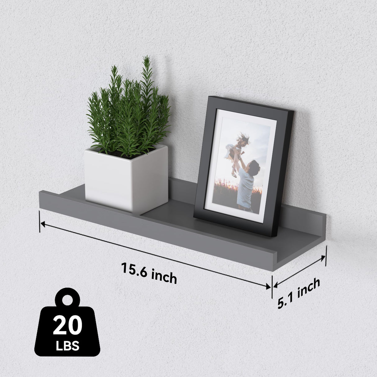 DOLLFIO Floating Shelves Set of 6, Grey Wall Shelves with Lip, Display Shelves for Wall Decor, Modern Picture Ledge for Living Room, Bedroom, Nursery, Bathroom, Pictures, Books, Plants- Grey DOLLFIO
