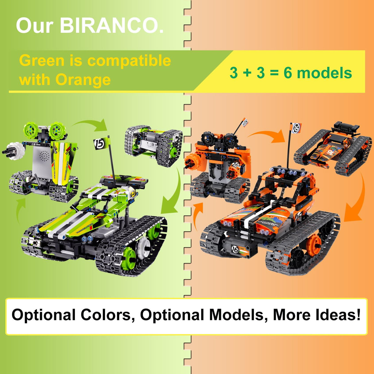 BIRANCO. Remote Control Tracked 3in1 Stunt Racer Building Kit - RC Car STEM Construction Toy, Gift Idea for Kids, Boys and Girls Ages 8-12 Year Old (353 Pcs) BIRANCO.