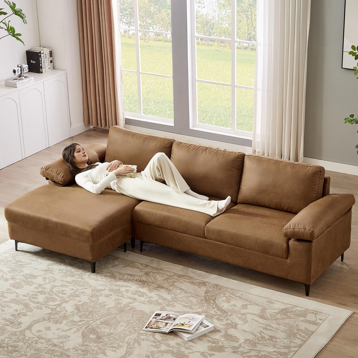 100.8" Sectional Sofa,Faux Leather Couch with Reversible Chaise,Mid-Century L Shaped Sofa Couch for Living Room, Apartment,Office (Brown, Sofa with Chaise) Chorlenimi