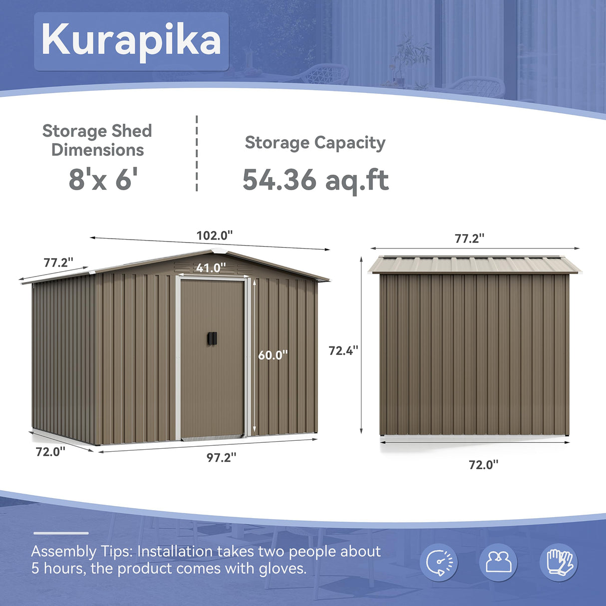 Kurapika Outdoor Storage Shed, 8x6FT Large Metal Tool House with Ventilation Opening and Lockable Sliding Door, for Garden, Patio, Backyard, Lawn Kurapika