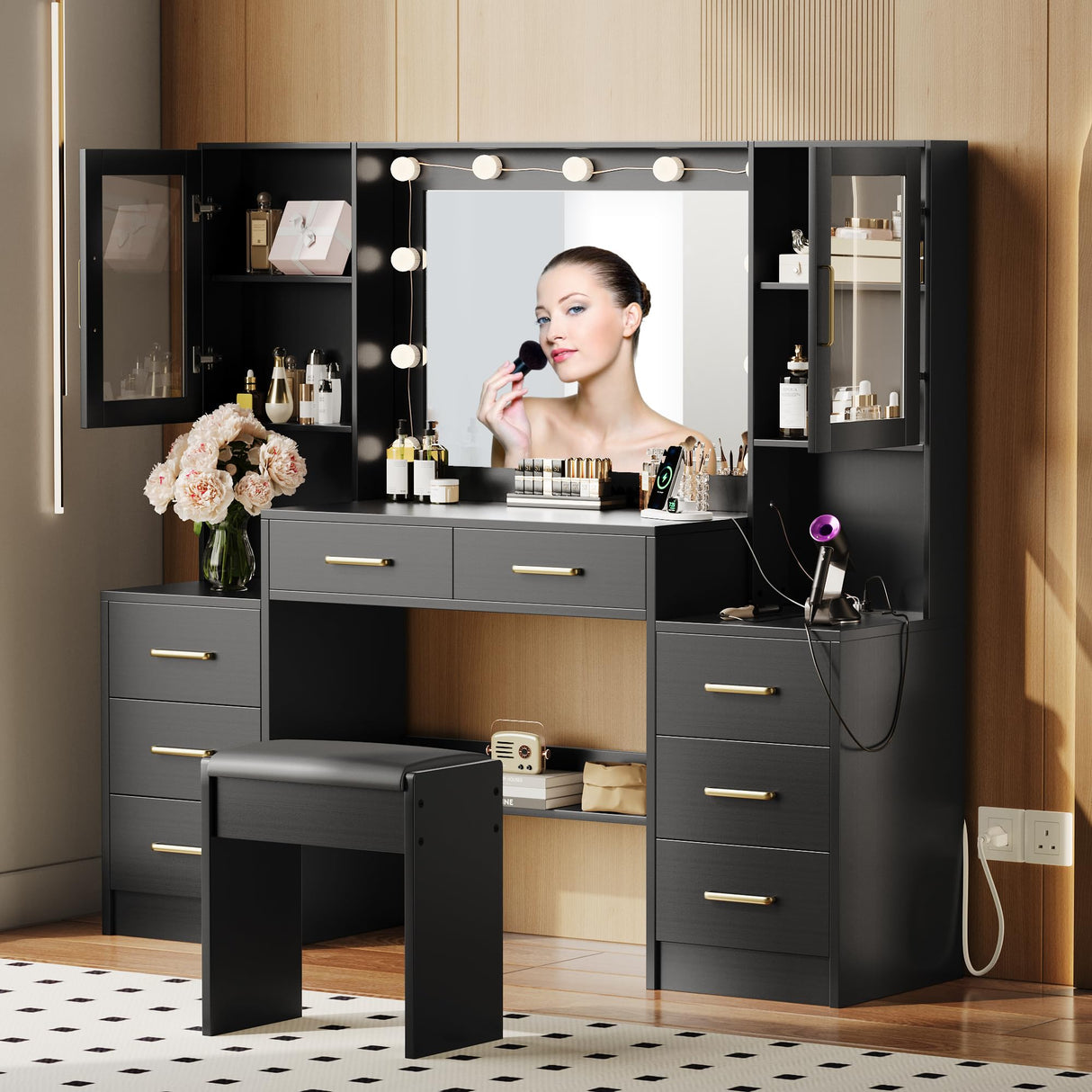 TOKSOM Black Vanity Desk with Mirror, Lights & Charging Station, 58.3" 3 Lighting Modes Makeup Desk with 8 Drawers, 2 Cabinets and Lots Storage, Dressing Table Vanity Set with Lighted Mirror TOKSOM