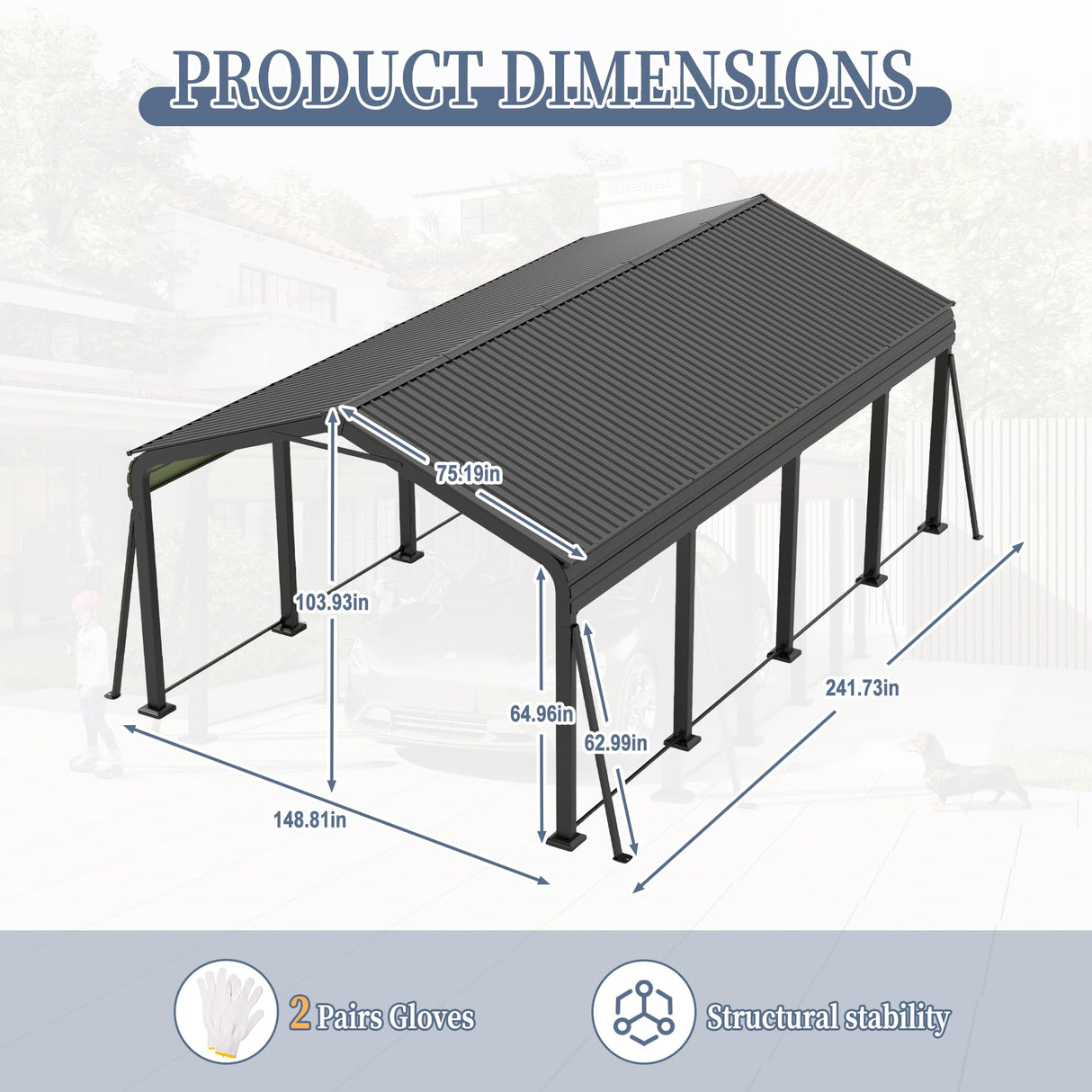 12x20 FT Metal Carport, Heavy Duty Car Port Canopy with Galvanized Steel Roof & Frame, Large Metal Carport Kit, Outdoor Car Garage, Steel Car Shelter for Car, Boat, Truck, Dark Gray ANTSKU