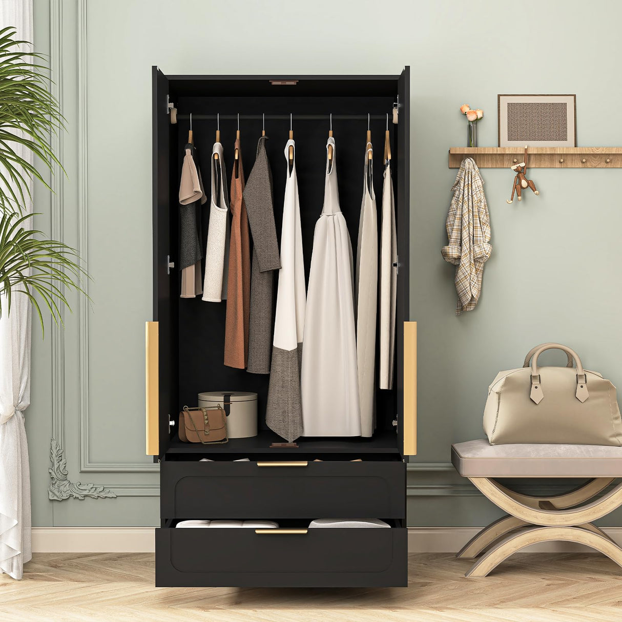 UZUGUL Armoire Wardrobe Closet with Door and 2 Drawer, Black Bedroom Armoire Cabinet with Hanging Rod,Wooden Wardrobe Storage Cabinet Closet with Large Storage for Bedroom (Black) UZUGUL