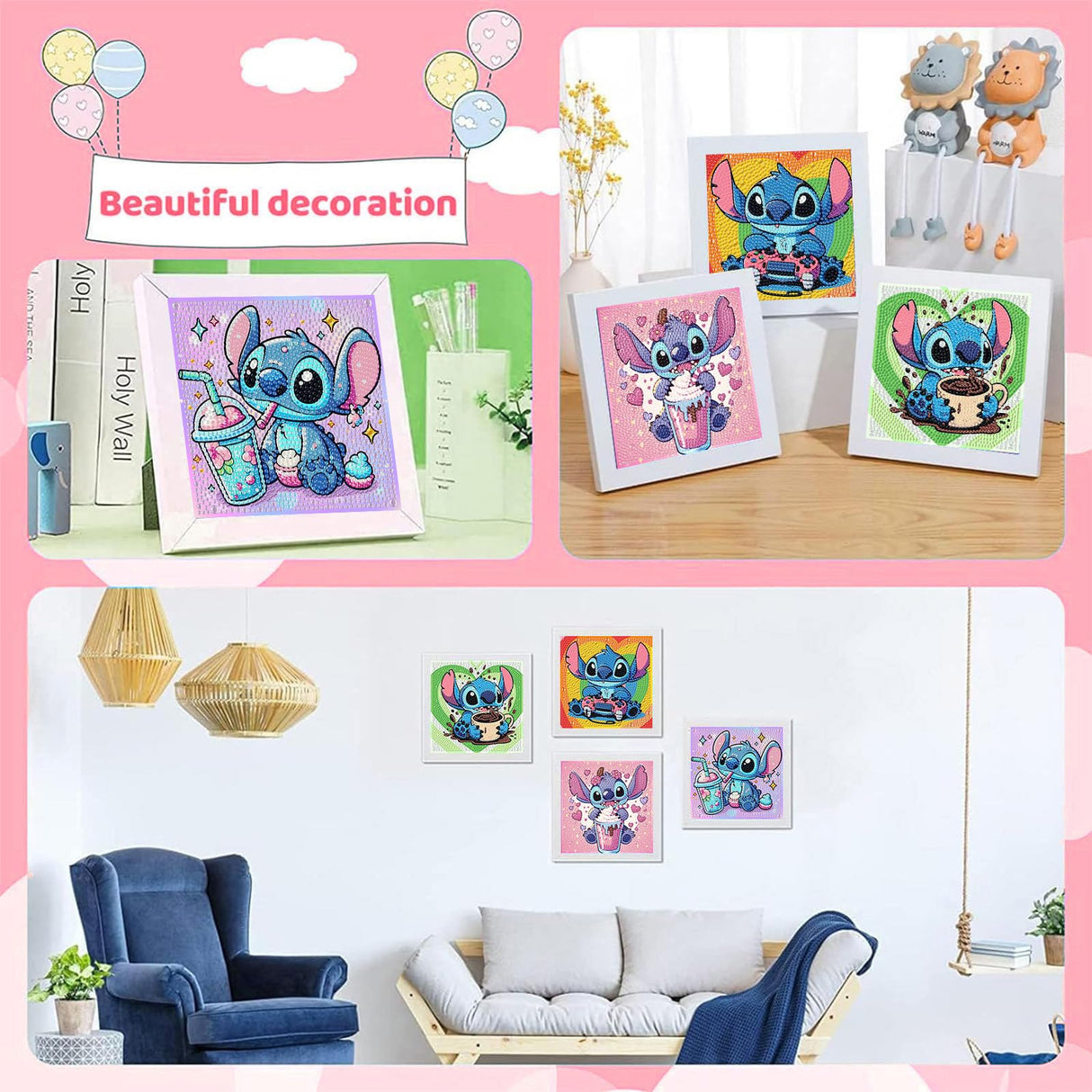 KOJEFCV 4 PCS Diamond Art Painting Kits for Kids, Cartoon Diamond Art for Kids Ages 4-8-12, Cartoon Gem Painting Kit Crafts Beginners for Gift Home Wall Decor (6x6 inch) KOJEFCV