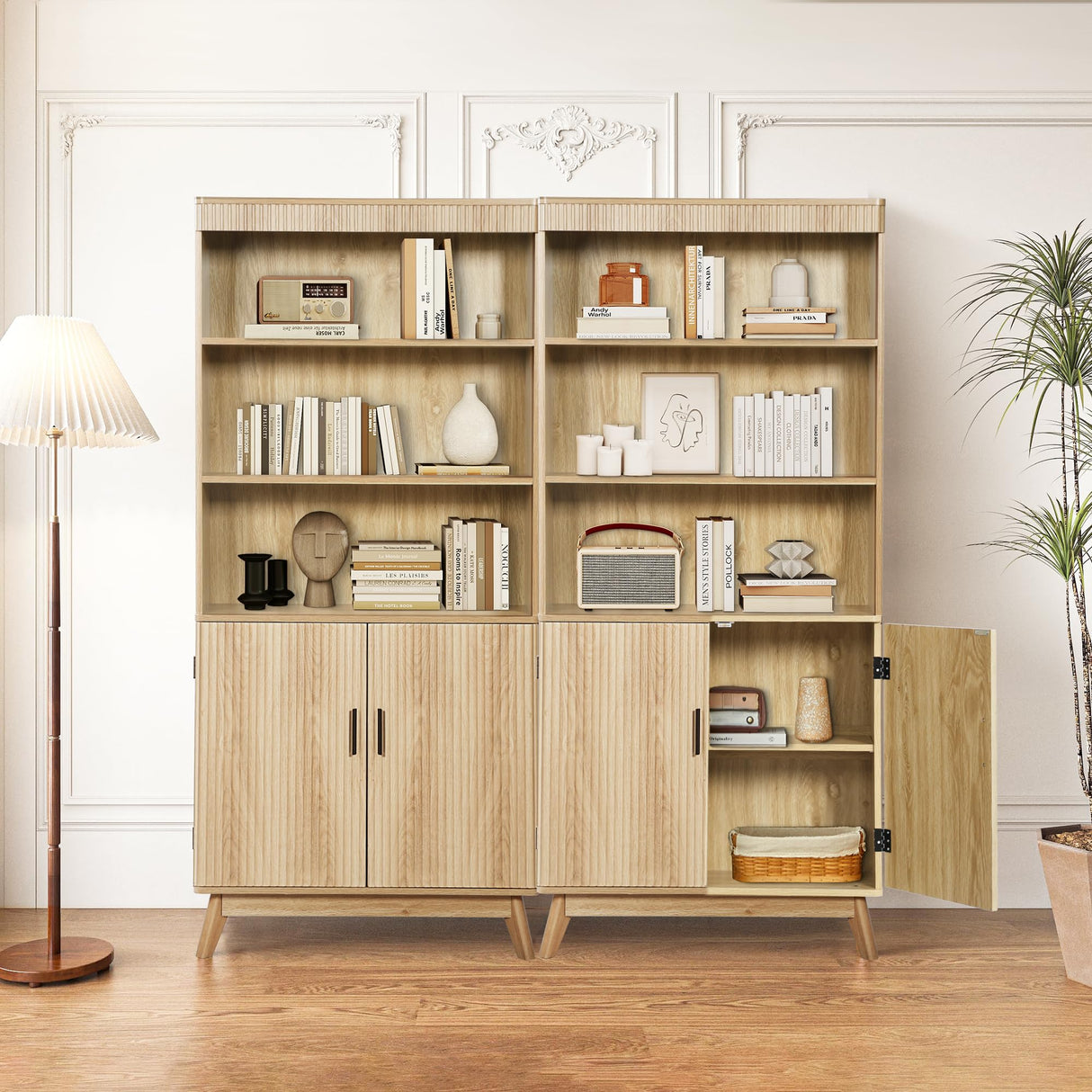 68" Fluted Tall Bookcase with Storage Cabinet,Mid-Century Modern 5-Tiers Arched Bookshelf Cabinet with Doors,Arched Bookcase with Open Display Storage Shelf for Home Office Bedroom Living Room,Natural XUZENEST