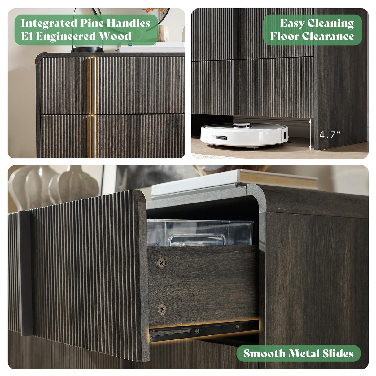 AMERLIFE 63" Fluted 6 Drawer Dresser, Long Modern Chest of Storage Drawers with Pine Handles, Rounded Corners & Anti-Tip Design, Wood Closet Organizer for Bedroom, Living Room, Nursery, Black AMERLIFE