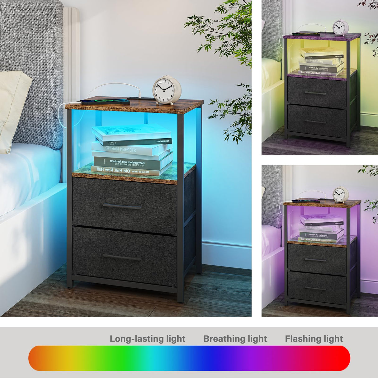 TUTOTAK LED End Table with Charging Station, Nightstand with Cloth Drawer, Side Table with 1 USB Port and 1 Type-C Port, Set of 2, Couch Table, Brown and Black TB01BB052KL TUTOTAK