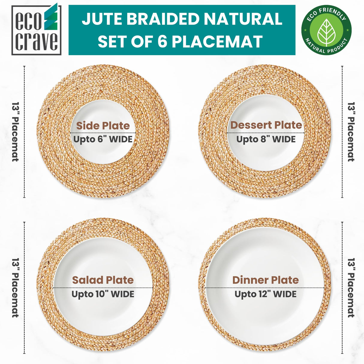 Eco Crave Jute Round Woven Placemats Set of 6, Natural 13 Inch Boho Farmhouse Rustic Hand Woven Place mat for Dining Table Decor, Wicker Chargers Heat Resistant Easy to Clean and Non-Slip Placemat Eco Crave