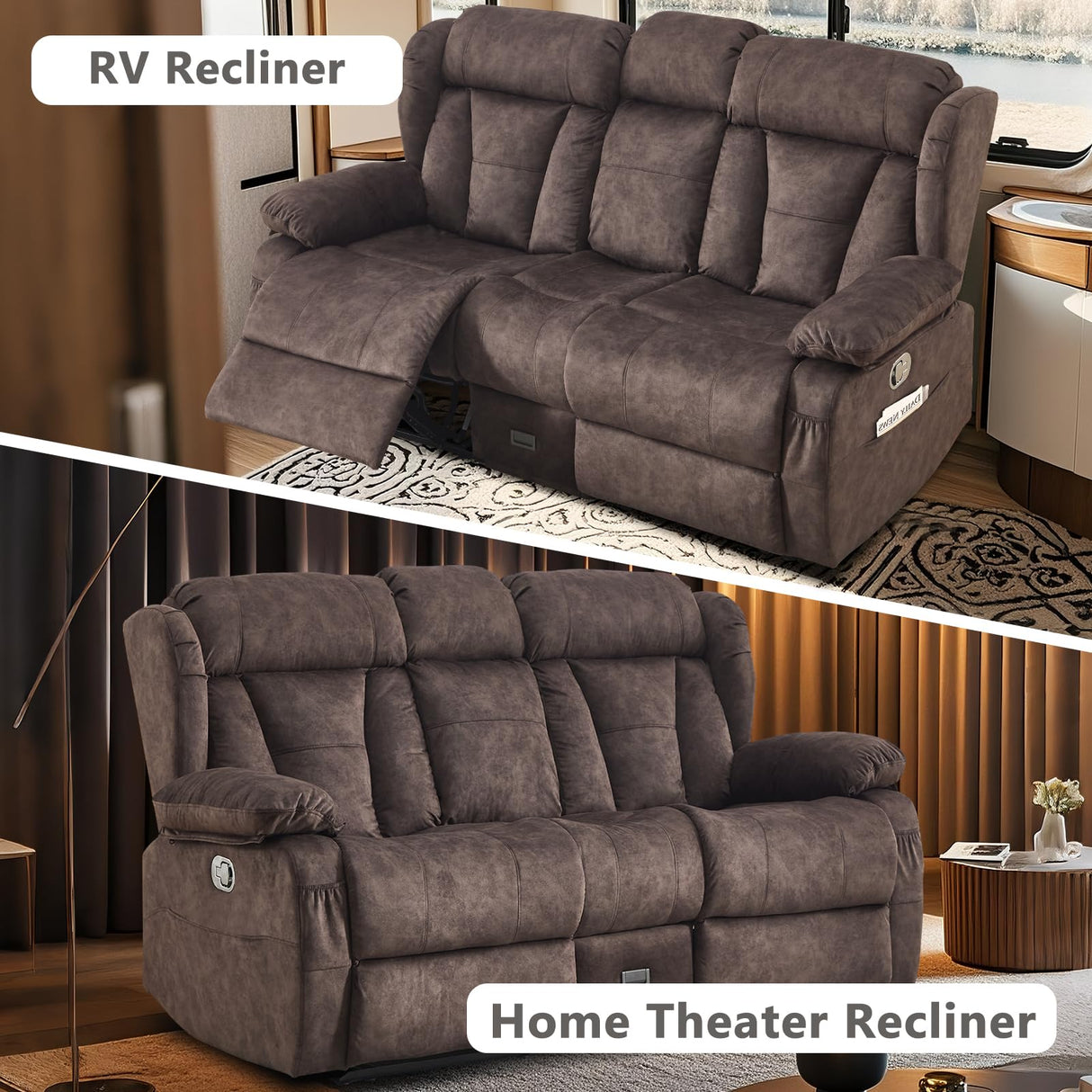 Alukang Loveseat Recliner Sofa, Manual Loveseat Reclining with Console for Living Room, RV Recliner Couch with Cup Holder/AC/USB C/USB and Drawer, Home Theater Velvet Reclining Love seat Couch (Brown) Alukang