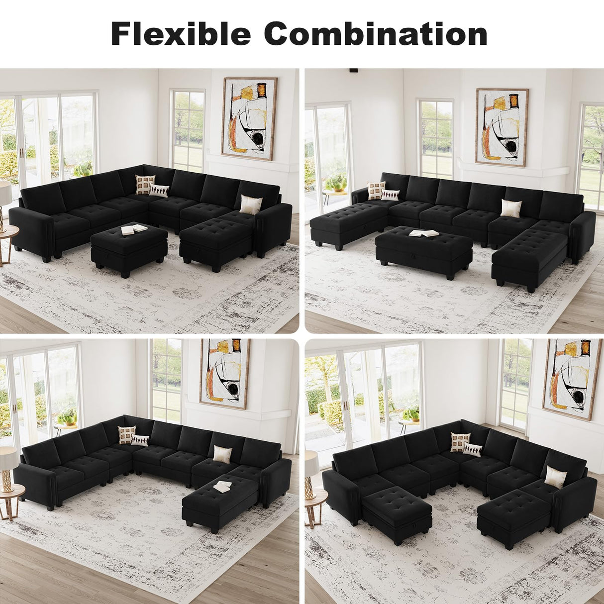 Belffin Oversized Modular Sectional Sofa U Shaped Sofa with Storage Ottoman Convertible 10-Seater Velvet Sectional Sofa with Chaises Black Belffin