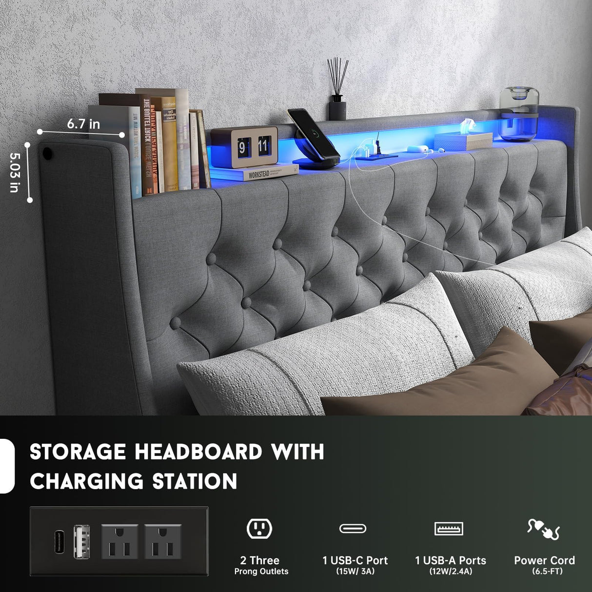 UINTAI Full Size Bed Frame with 2 Storage Drawers and LED Lights, Upholstered Platform Full Bed with Button Tufted Headboard and Charging Station, No Box Spring Needed, Easy Assembly, Gray UINTAI
