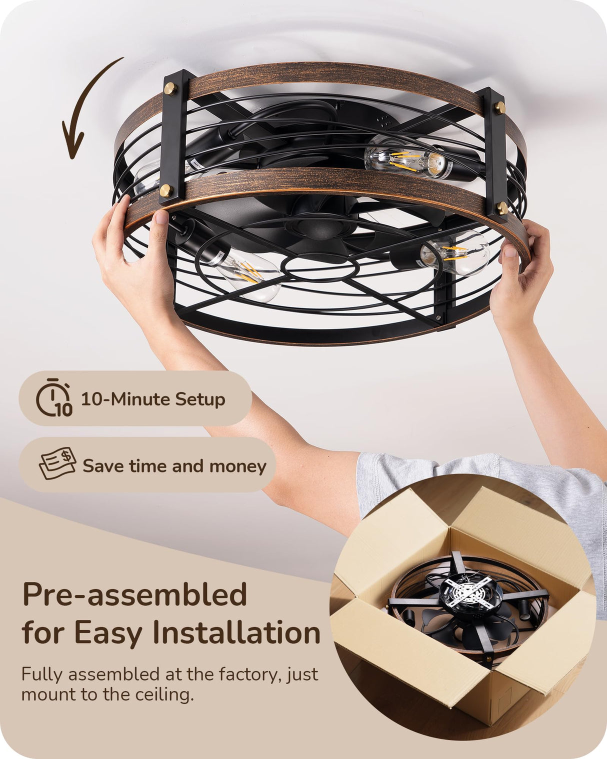 EDISHINE 21" Pre-Assembled Ceiling Fans with Lights Flush Mount, 10%-100% Dimmable, Rustic Low Profile Caged Ceiling Fan with Remote, Small Farmhouse Fan Light Ceiling for Kitchen Bedroom Brushed Gold EDISHINE