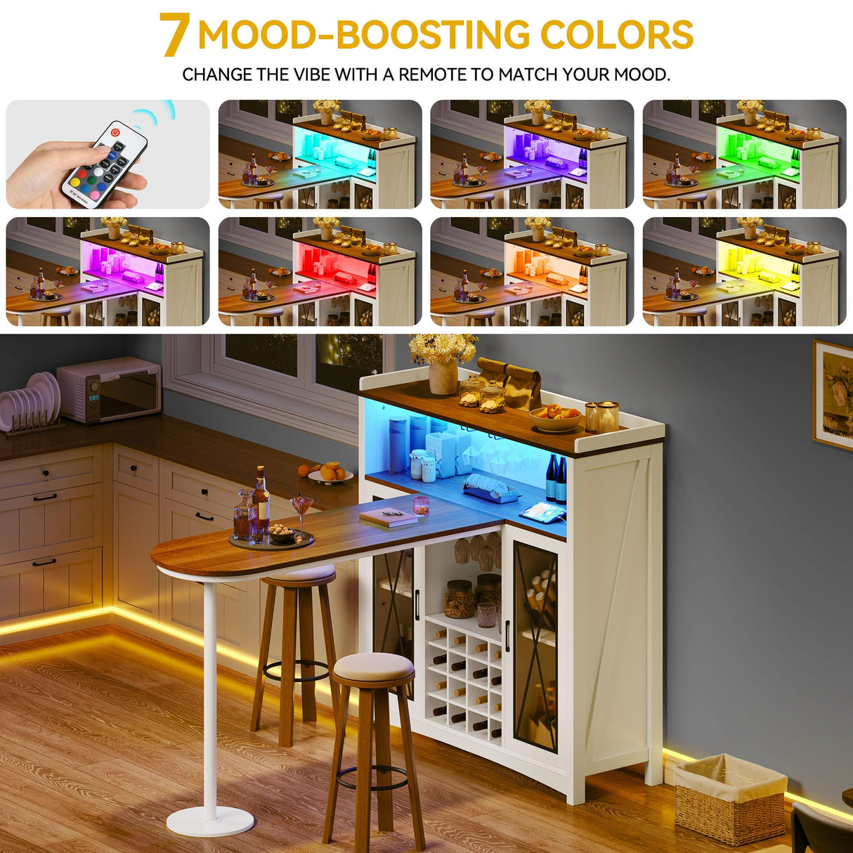 DWVO Home Bar Unit with LED Lights & Wine Cabinet, Farmhouse Bar Cabinet with Wine Storage, Mini Bar Table Coffee Cabinet with Glasses Holder Hanger Footrest for Home Kitchen Pub, White&Walnut DWVO