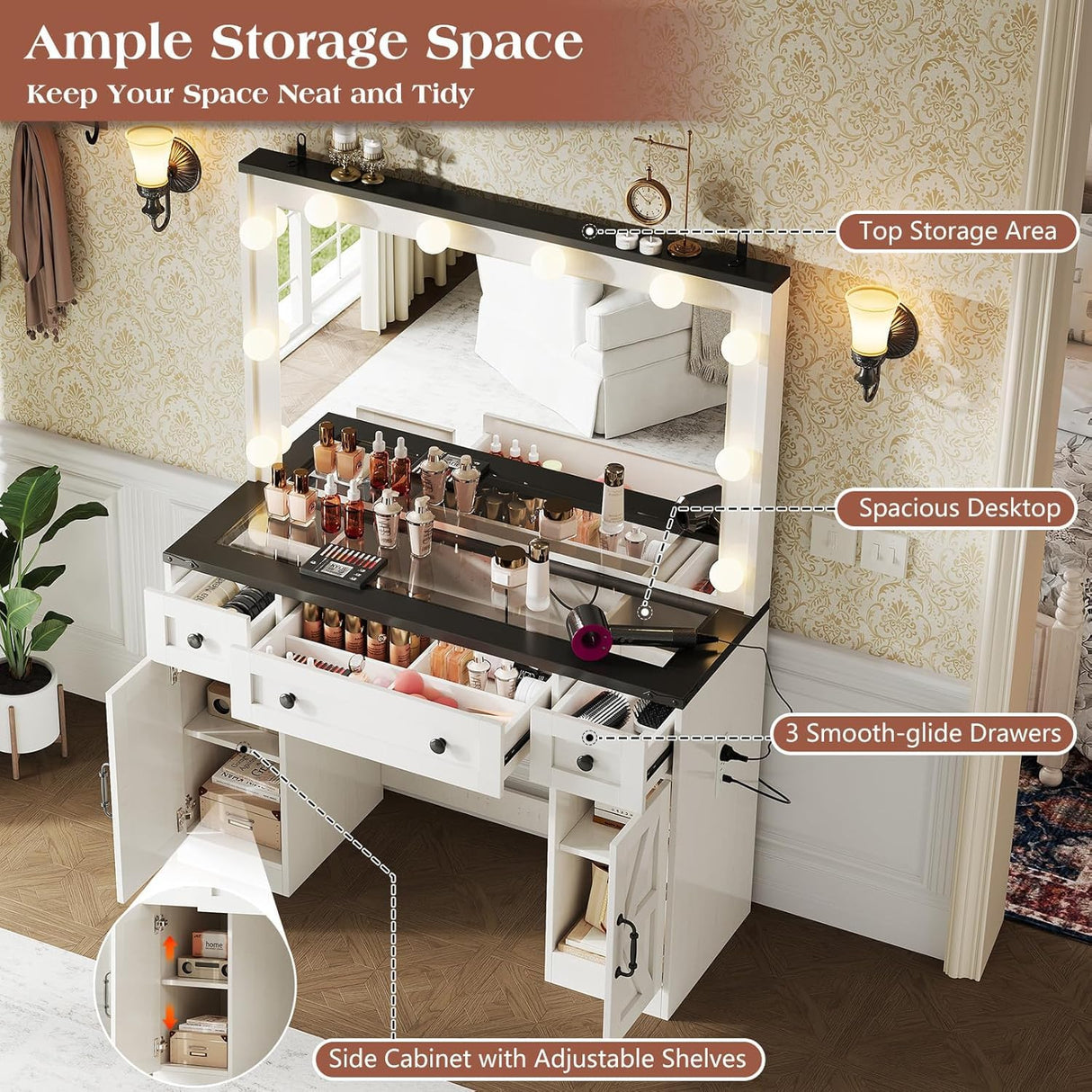 LUXOAK 43" Farmhouse Makeup Vanity Desk with Mirror, Lights, Power Outlet, Glass top Vanity with Storage Drawers & Adjustable Shelves, Hollywood Vanity for Bedroom, Girls, Womens, White LUXOAK